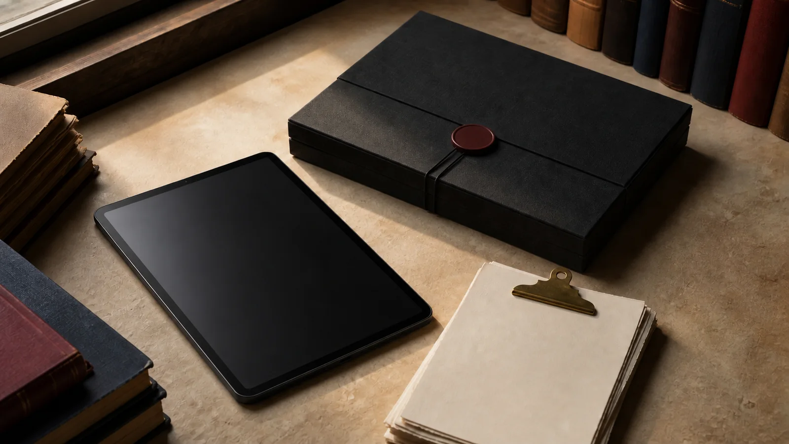 A blank tablet, sealed archival case, and blank study records arranged on a research desk