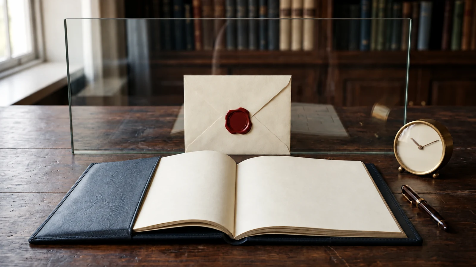 Open navy notebook with blank pages beside a plain wax-sealed envelope, glass partition, brass clock, and pen in warm window light.