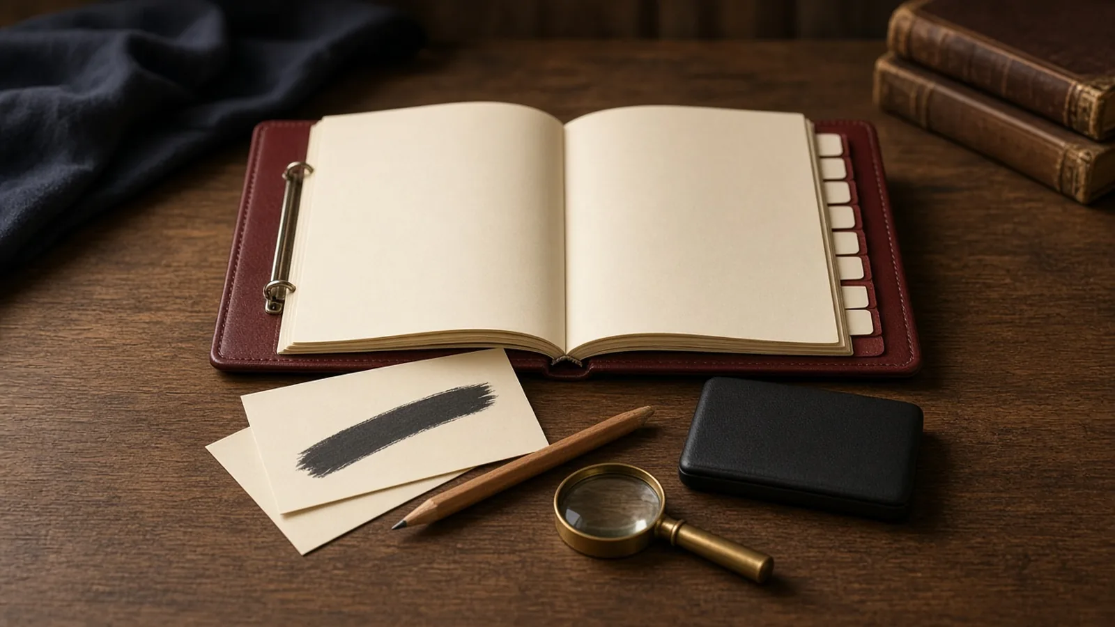 Still life of an open blank protocol binder, a blank slip marked only with a charcoal stroke, a pencil, a brass magnifier, and a face-down unbranded diary on a wooden desk.