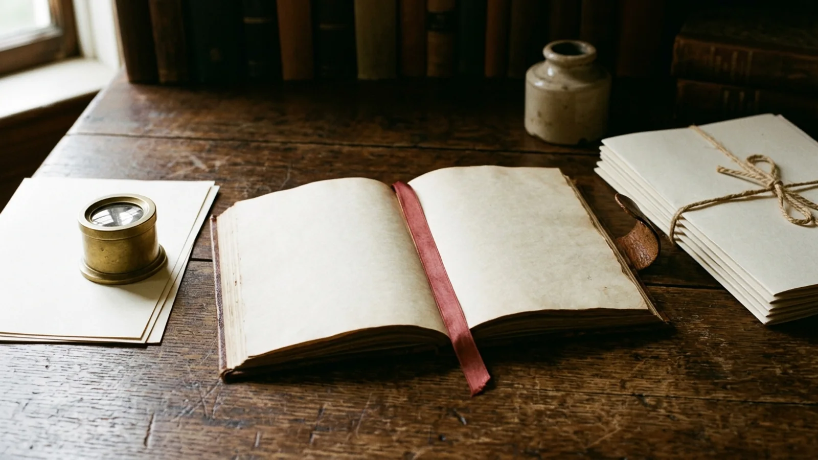 Editorial still life of an open blank trial monitoring log, unbranded brass loupe, oxblood ribbon bookmark, and tied study documentation on a dark wooden desk