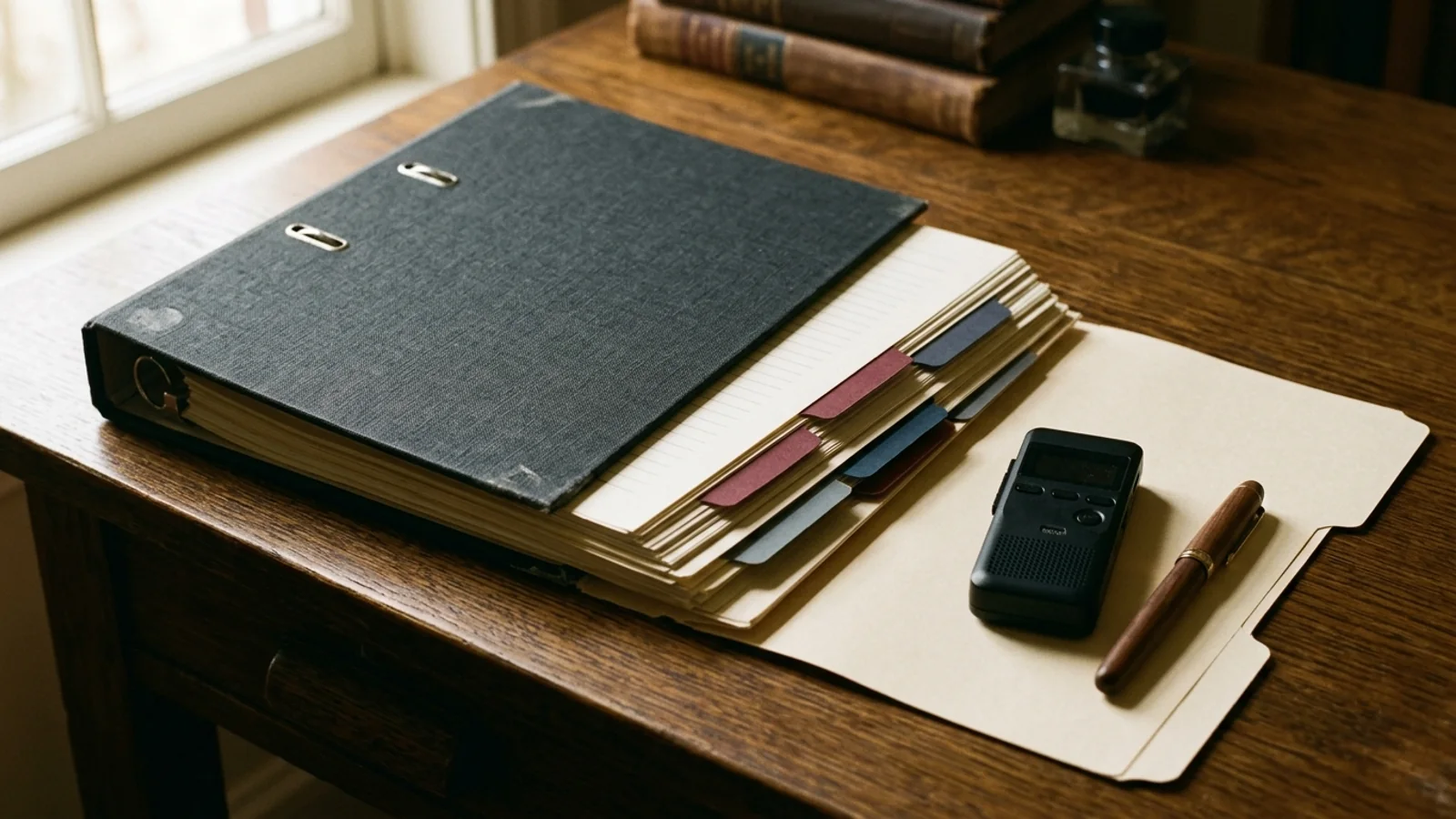An unbranded dark charcoal study binder with blank index tabs in oxblood, navy, and slate sits beside an archival folder, a compact audio dictation recorder, and a wooden pen on a dark desk.