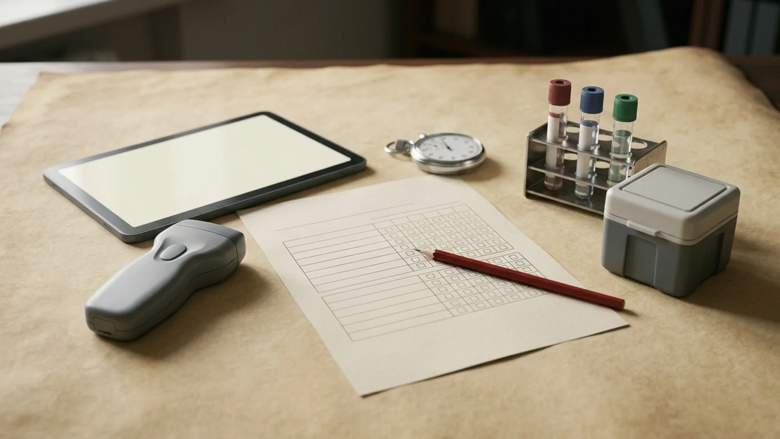A paper trial feasibility questionnaire with tick boxes, a handheld measurement device, a blank tablet, specimen vials, a stopwatch, and an evaluation pencil arranged on a desk