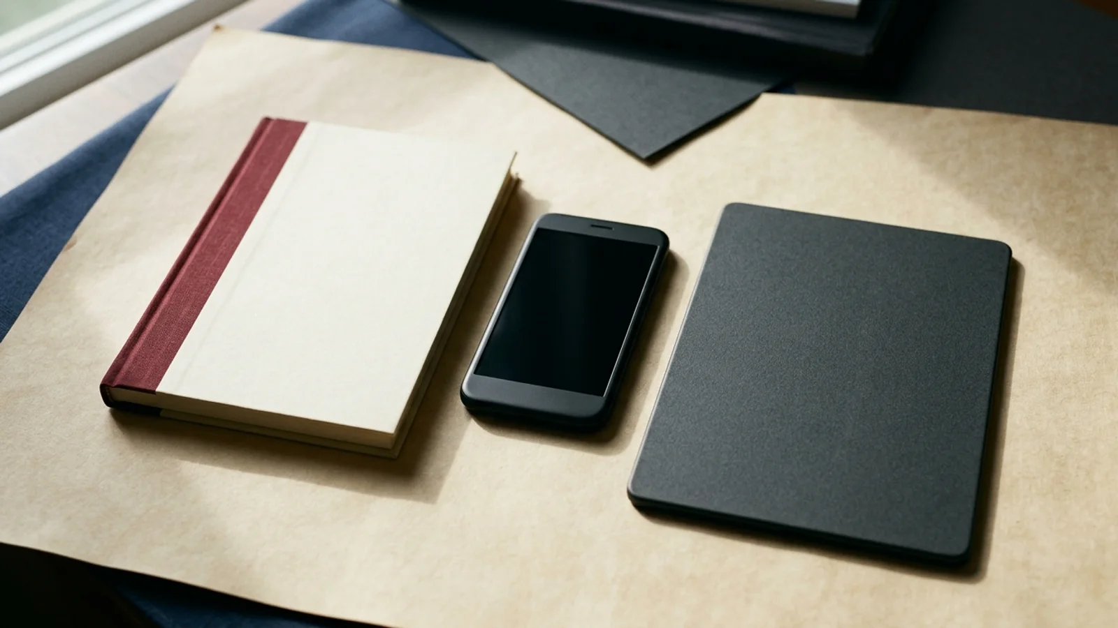 An editorial still life showing a closed paper questionnaire booklet with an oxblood spine, an unbranded screen-off smartphone, and a dark tablet-sized slate on warm parchment paper under soft natural directional light.