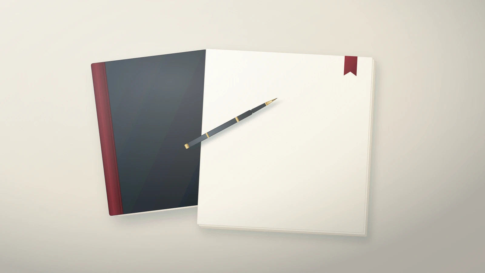 Illustrated still life of an unbranded navy protocol binder, blank paper with an oxblood page marker, and a fountain pen on a parchment surface