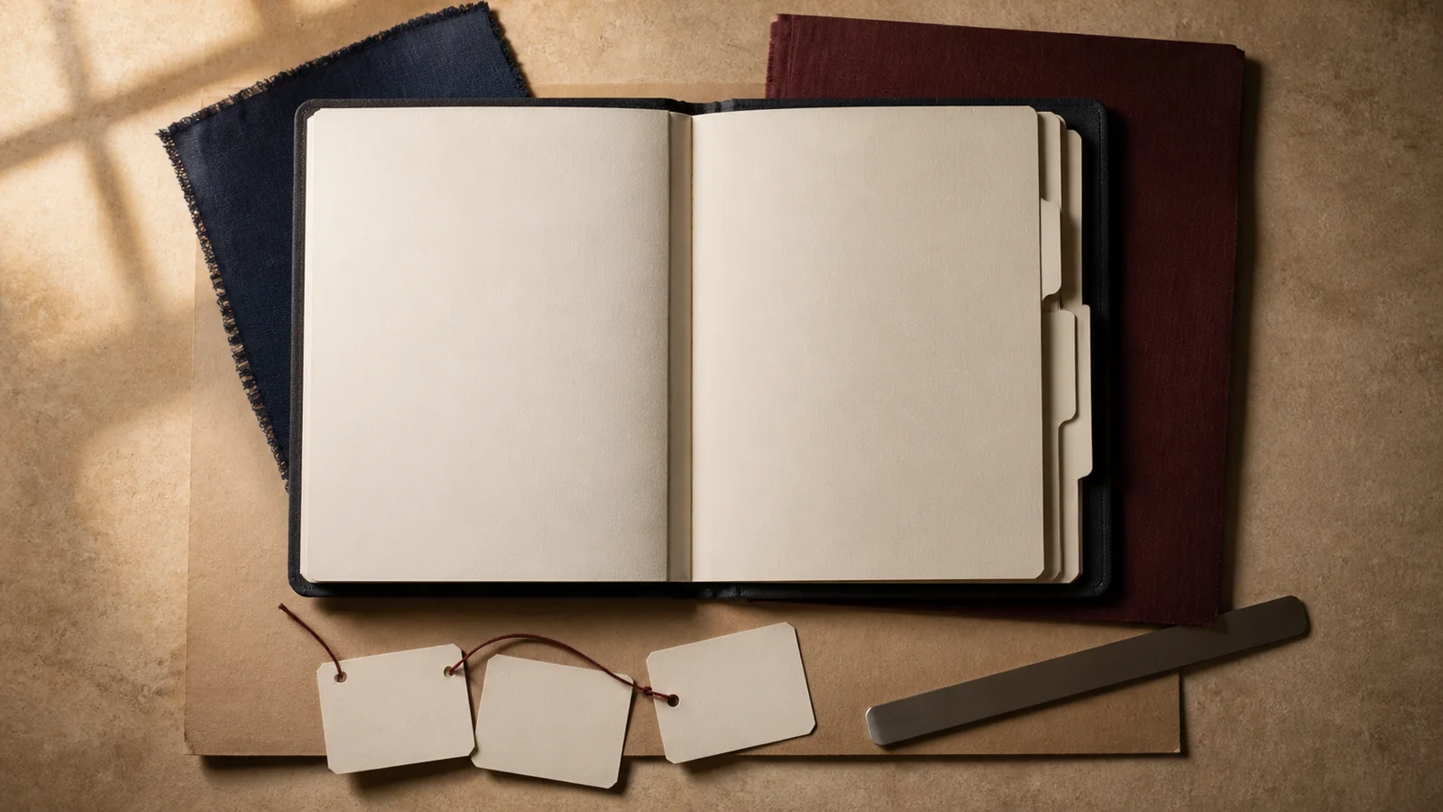 A blank protocol folio, linked record cards, and a plain measuring rule on a research desk