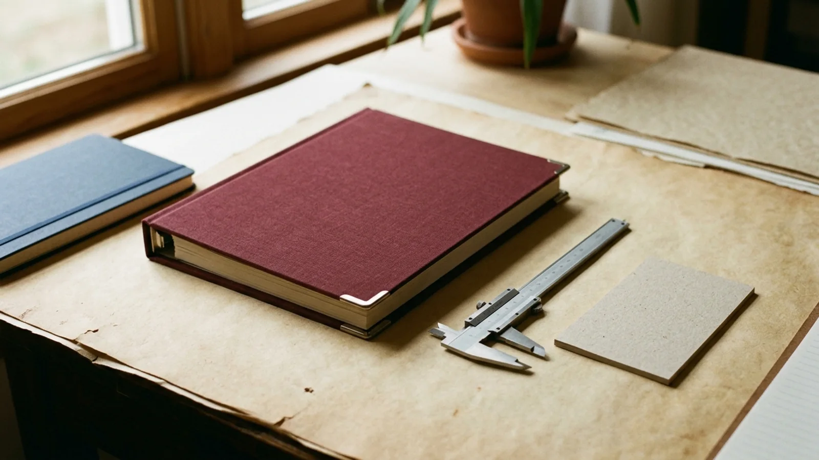 Editorial still life of study planning materials with an oxblood binder, measurement caliper, and blank card on warm parchment