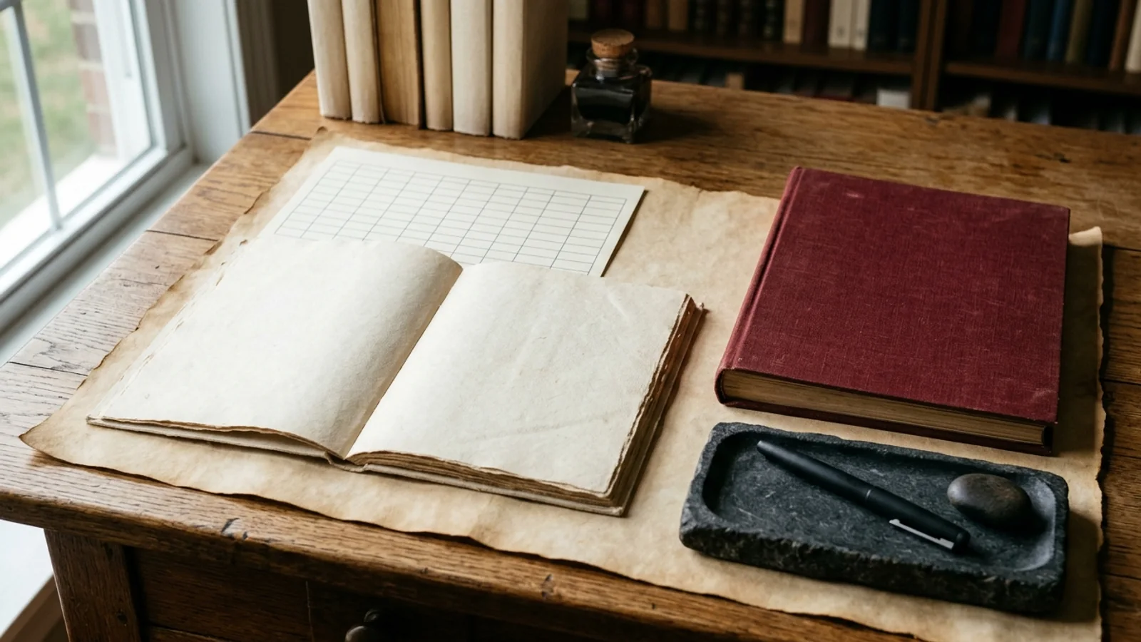 An open unbranded paper protocol notebook and an unmarked schedule grid sheet on warm parchment alongside a closed oxblood binder and a dark fountain pen on a wooden desk.