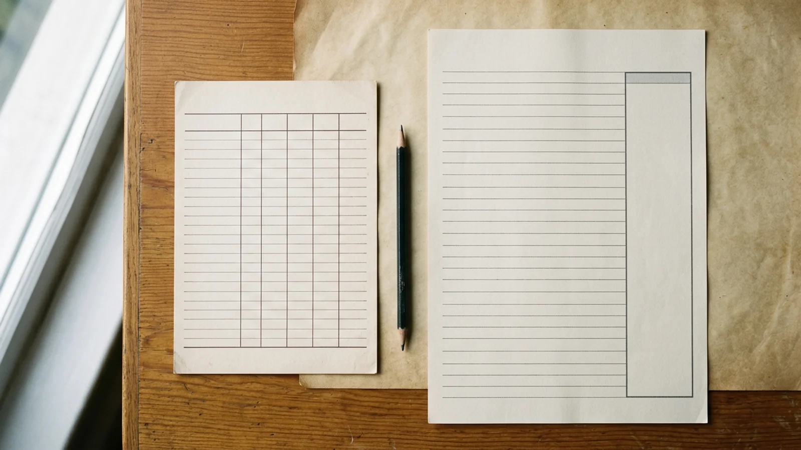Still life of a small ruled daily diary card with narrow day columns beside a larger lined questionnaire sheet with a single summary column, a pencil between them on a warm wooden desk