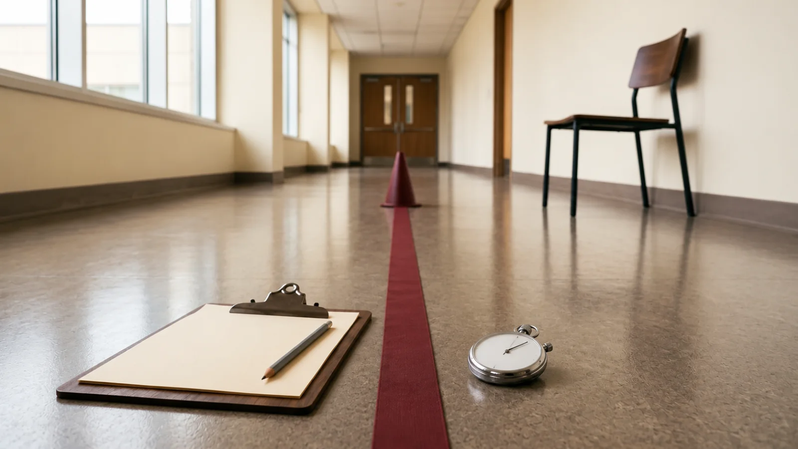 Blank clipboard, pencil, plain stopwatch, and unmarked oxblood ribbon leading toward a cone in a sunlit corridor, with a chair to the side.
