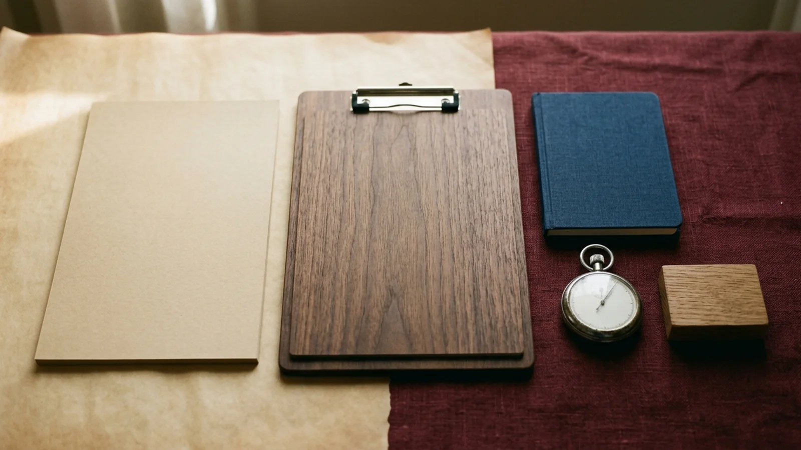 Editorial research-journal still life of four unbranded clinical outcome assessment objects arranged on warm parchment and oxblood linen: a blank cardstock sheet, a clinician clipboard, an observation notebook, and a mechanical stopwatch beside a wooden task block
