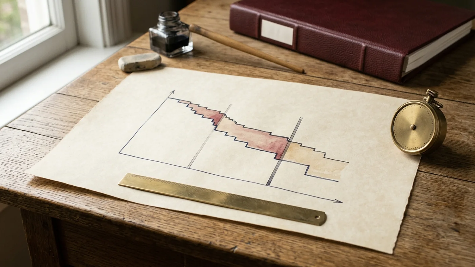 Research-journal still life: a hand-inked pair of stepped survival curves on warm paper with two vertical horizon marks and watercolor shading between the curves, beside a brass ruler, a brass timer and an oxblood binder.