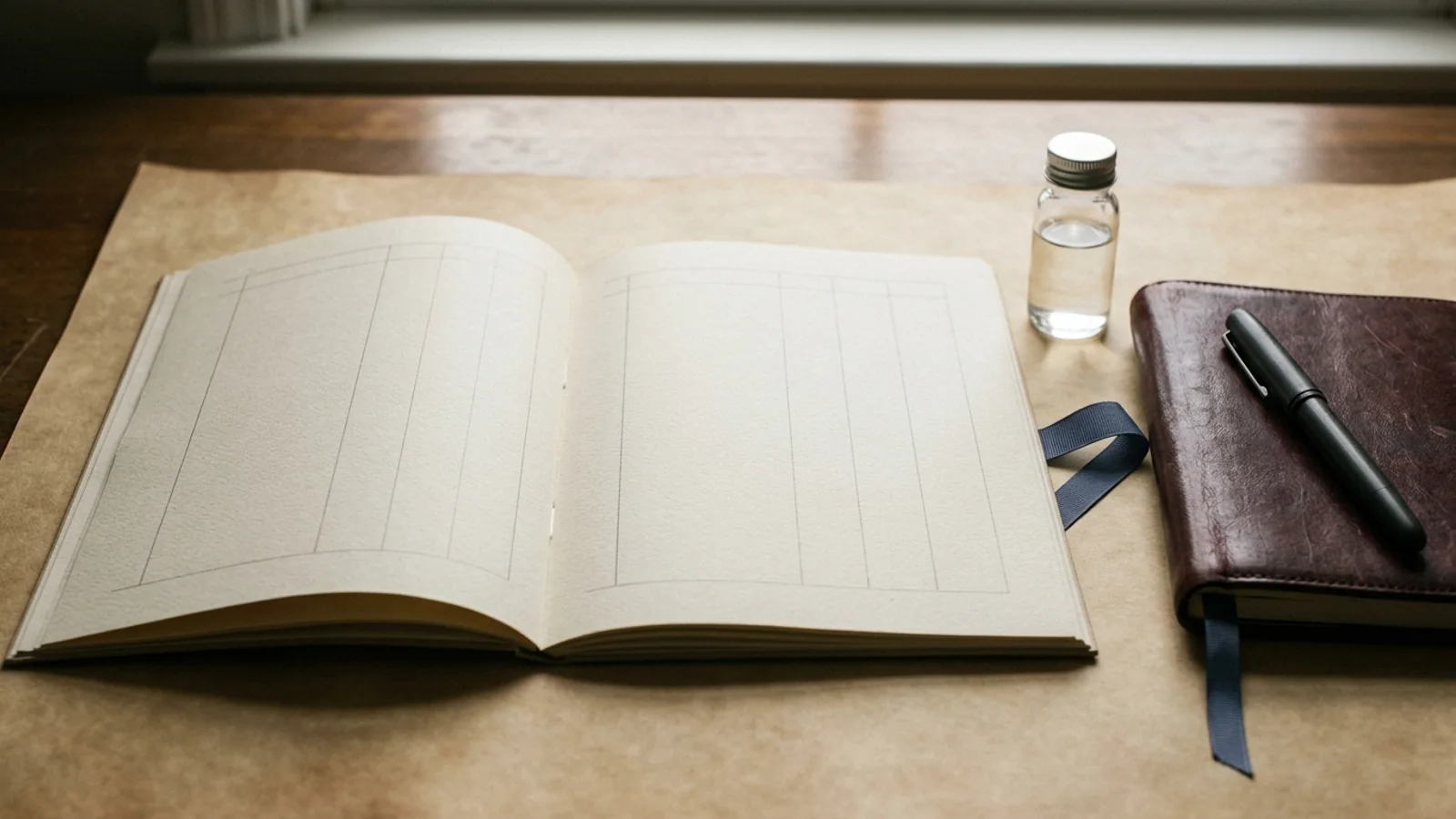 A research-journal still life with an unmarked columnar notebook, an oxblood leather journal, a charcoal fountain pen, and an unbranded glass laboratory vial on warm parchment