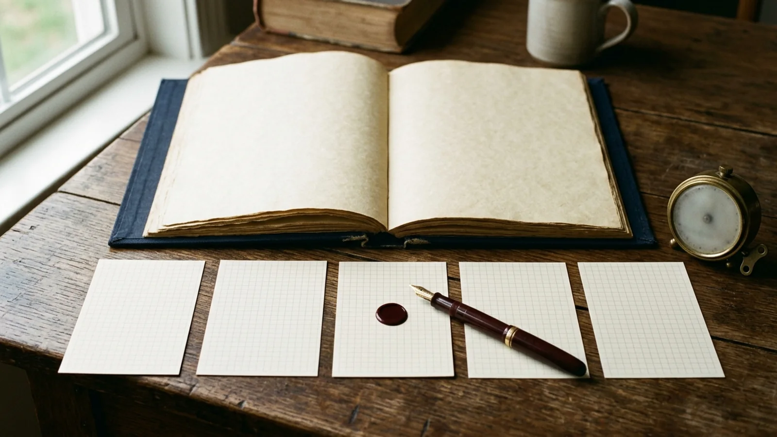 Editorial still life of an open blank protocol binder, unmarked grid cards, a fountain pen and wax seal, and an unnumbered brass timer on a wooden desk
