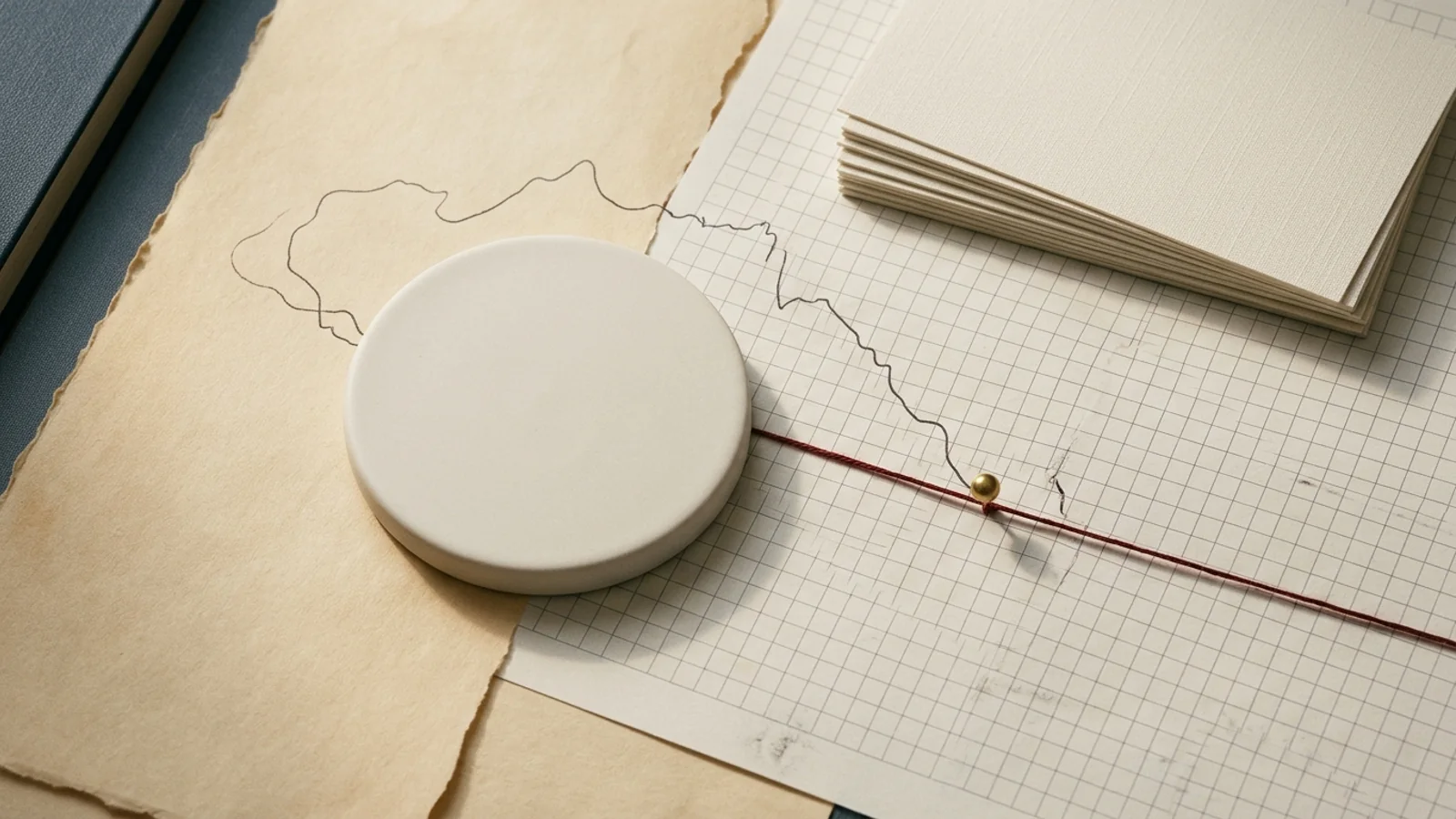 An unbranded white disc on parchment beside a pen trace that runs onto graph paper and breaks off at a brass pin on an oxblood thread, with a stack of blank cards at upper right.