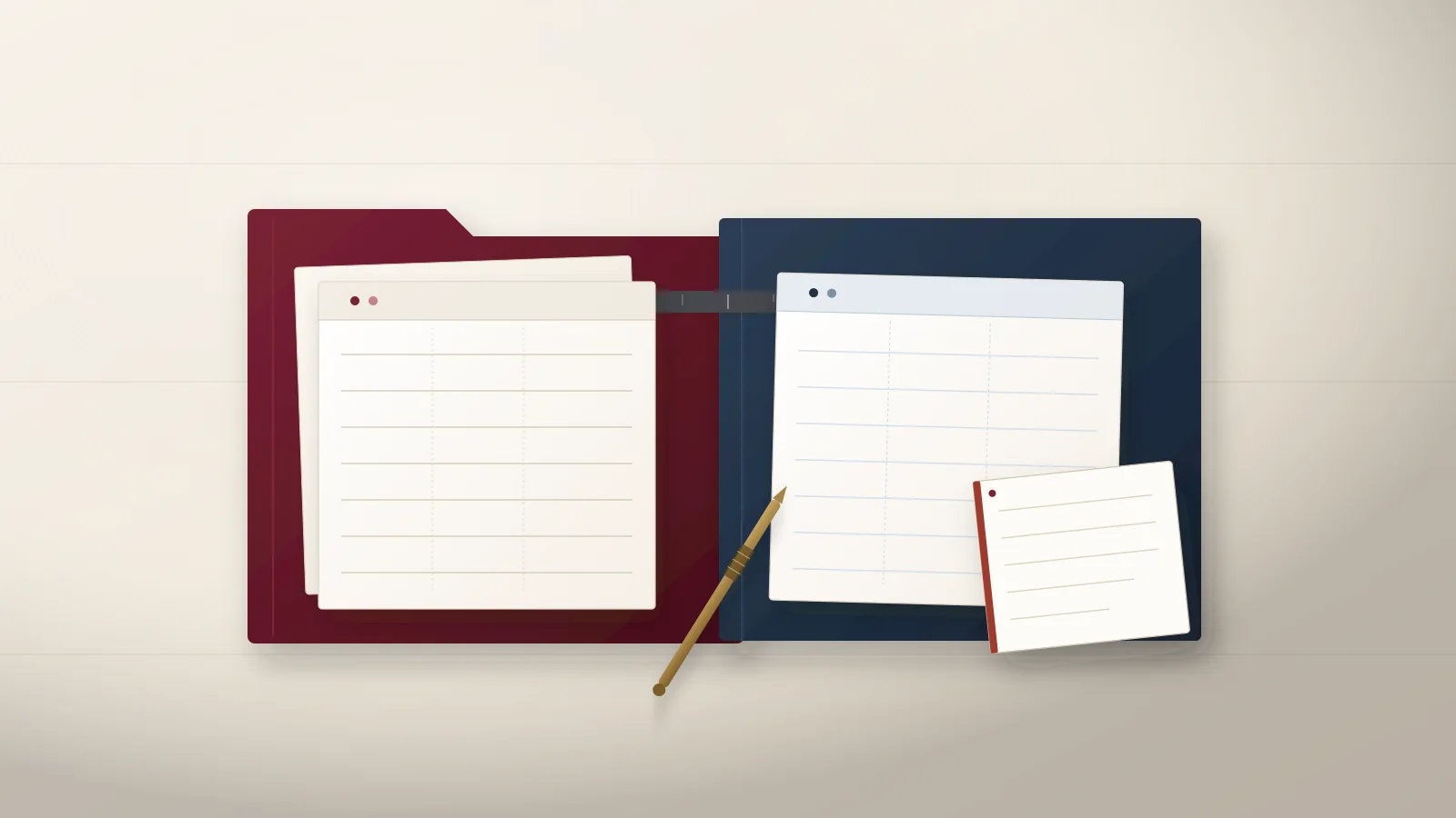Blank ruled cards on oxblood and navy folders, with a smaller card at the lower right and a brass-colored stylus on a warm paper surface.
