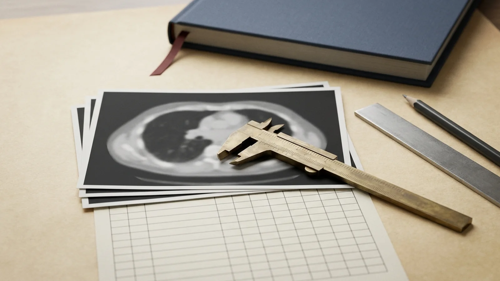 Editorial still life of printed grayscale axial CT scan sheets with a brass vernier caliper, a steel rule, a pencil, a blank measurement log grid, and a navy cloth-bound binder with an oxblood ribbon on warm paper